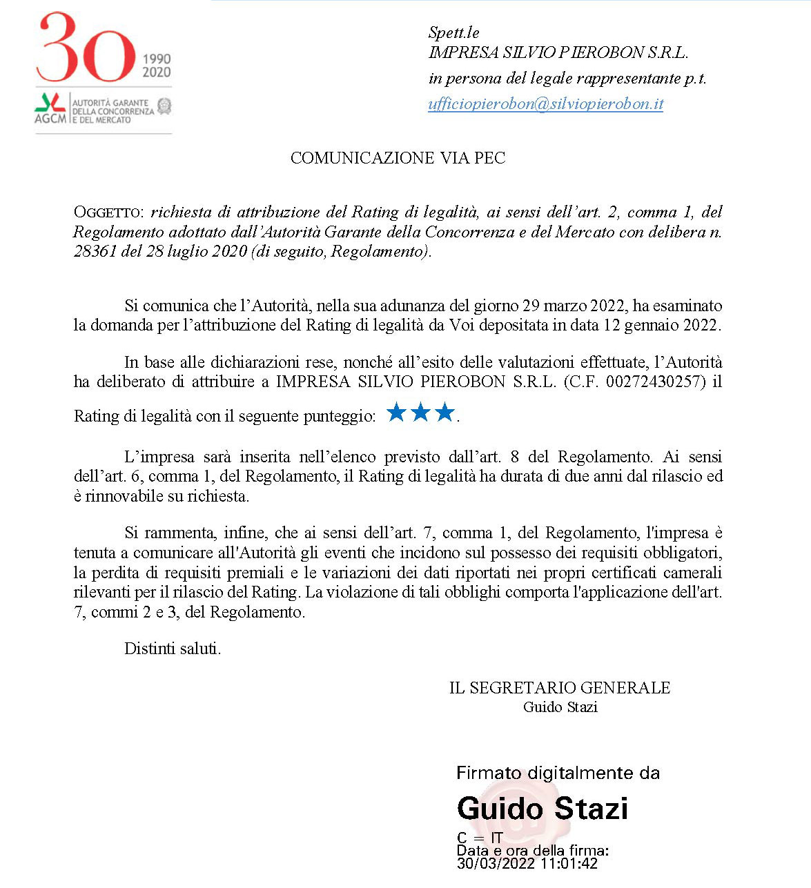 Rating di Legalità Silvio Pierobon S.R.L